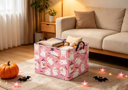 Image of Halloween Basket Cute Baskets for Kids Pumpkin Basket Rectangular Storage Bin Organizer Box Room Decor(Pink Magic Ghost)
