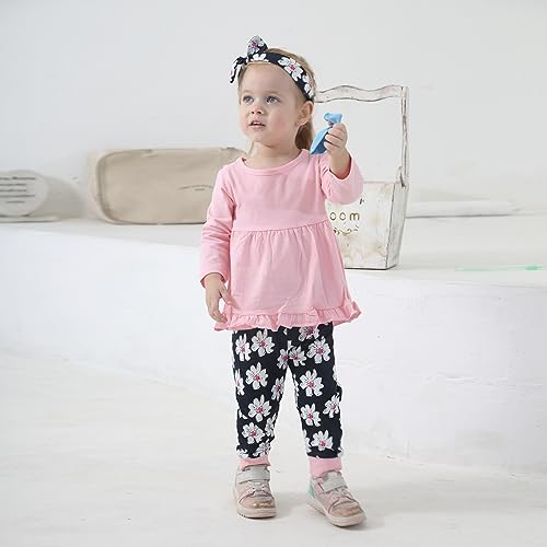Image of Toddler Baby Girl Clothes Solid Color Long Sleeve Ruffle Tops Pants Headband Outfits Set
