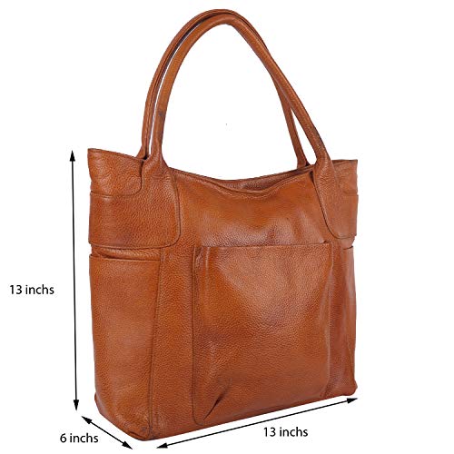 Image of Green Hide Zenya Genuine Leather Ladies Shoulder Side Bag Large Capacity Tan Brown Colour Classic Design Casual Formal Tote Handbag Double Top Handle Hobo Girls Women Purse for Travel Office