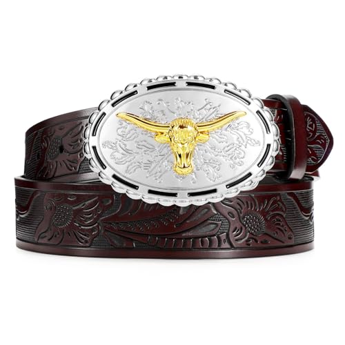 Western Belts Cowboy Cowgirl Belt for Men Woman, Embossed Western Country Buckle Leather Belts for Jeans