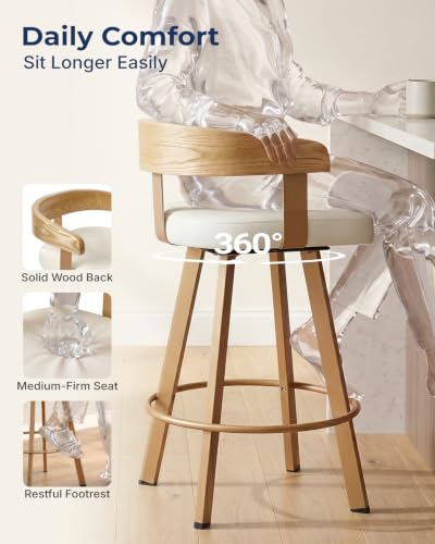 Image of FORSPARK 26 inch Swivel Counter Height Bar Stools, 350 lbs Capacity Barstool | 360 Rotation, Easy to Assemble, Wide Foam Seat, Solid Wood Backrest, Heavy Weight for Kitchen Dining Cafe, Beige & Natural