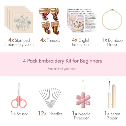 Image of wtisan Embroidery Kit, 4 Sets Embroidery Kit for Beginners with Stamped Flower Pattern, Cross Stitch Starter Kits for Adults Hand Craft Lover with Embroidery Hoop, Instructions and Threads