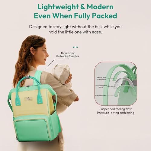 Image of StarAndDaisy Diaper Bag / 30L Lightweight Diaper Bag for Mothers for Travel with 3 Insulated Bottle Pockets /Baby Bag for Mother Travel & Hospital Bag for Baby - Green Yellow