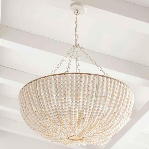 Seaside Splendor Handcrafted Wooden Bead Round Chandelier, Handcrafted Wooden Beads, Coastal Charm, Natural Materials, Elegant Design, Hanging Lights for Living Room, 30" Dia x 12" H