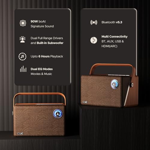 Image of Boat Stone Majestic Bluetooth Speaker w / 90W Signature Sound, 6 Hours Playtime, Dual Full Range Drivers + Built-in Subwoofer, Dual EQ Modes: Movies & Music(Vintage Brown)