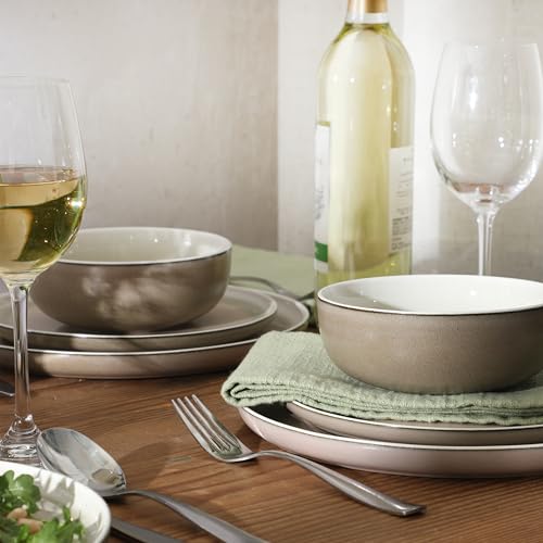 Image of Gibson Elite Island Bay 12-Piece New Bone China Dinnerware Set Service for 4, Reactive Glaze Plates and Bowls, Dishwasher and Microwave Safe, Cream and Green
