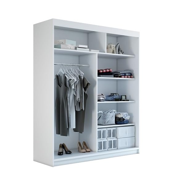 A&J MöbelLand Schwebetürenschrank MIT Kleiderschrank 180 cm mit Spiegel & Holzlamellen (Schwarz)
