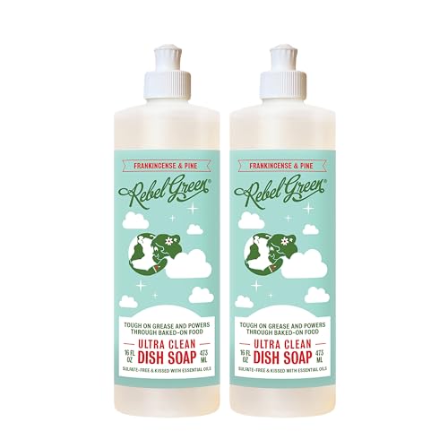 Image of Rebel Green Ultra Clean Dish Soap, Plant-Derived Dishwashing Soap | Liquid Dish Soap for Grease and Tough Messes, No Harsh Chemicals, Frankincense and Pine Scent, 16 fl oz, 2 Pack