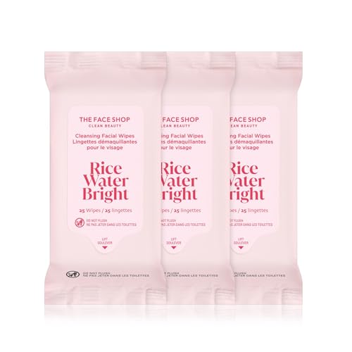 THE FACE SHOP X GLAMZILLA Rice Water Bright Cleansing Wipes On-the-Go Bundle for Face Moisturizing Infused with Rice Extract Cleansing Facial Wipes 25 Count (Pack of 3)