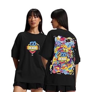 Veirdo® Pure Cotton Round Neck Oversized Baggy Fit Latest Stylish Front & Back Graphic Printed Half Sleeve Boyfriend T-Shirt for Women (Color Options- Black, Orange, Royal Blue & Lilac)