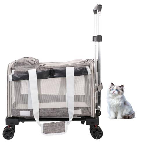 Pet Carrier with Wheels - Soft-Side Wheeled Cat Carrier for Dogs with Telescopic Handle Collapsible Rolling Pet Travel Bag Carrier for Large Cats Small Medium Dogs for Camping Vet Visiting Grey