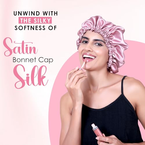 Image of GLUN Hair Protector Bonnet Cap with 3 Scrunchies Combo, Pack of 1 Rose Pink Colour, Prevents Hair Breakage, Frizz Control and Moisture Retention, Ideal for Curly & Natural Hair