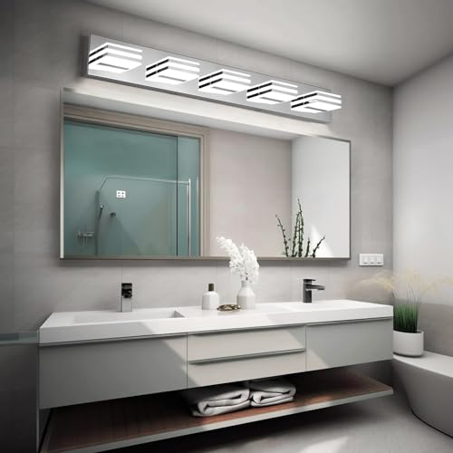 Image of LED Vanity Lighting 30W Lights for Mirror 5 Light Bath Wall Lamps 34 Inch Bathroom Sink Lights over Vanity Modern Long Bath Lights Bars Chrome Wall Sconces Light for Bathroom Restroom 6000K