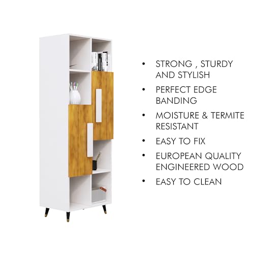 Image of Bniture Bookshelf for Home | Engineered Wood Book Shelf with 2 Door & 6 Shelf | Open Book Shelf Stand for Library | Multipurpose Display Organizer for Living Room & Study | Frosty White & Giant Wood