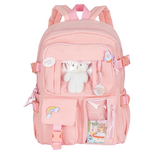 M.J COMFY-LIFE Cute Kawaii Backpack for Girls Large Capacity School Backpack with Bear Pendant & Pins, Lightweight Multi-Pocket Rucksack for Teens (Blue/Pink) Waterproof Laptop Bag for College (PINK)