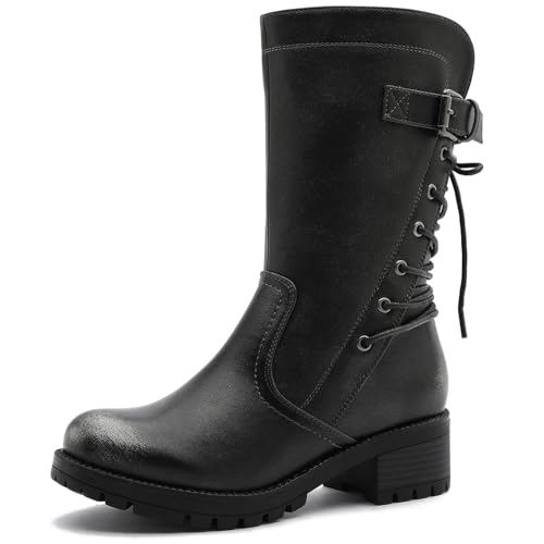 Image of GLOBALWIN Women's Biker Boots Lace up Back Mid Calf Motorcycle Fashion Festival Boots Combat Riding Military Boots for Women