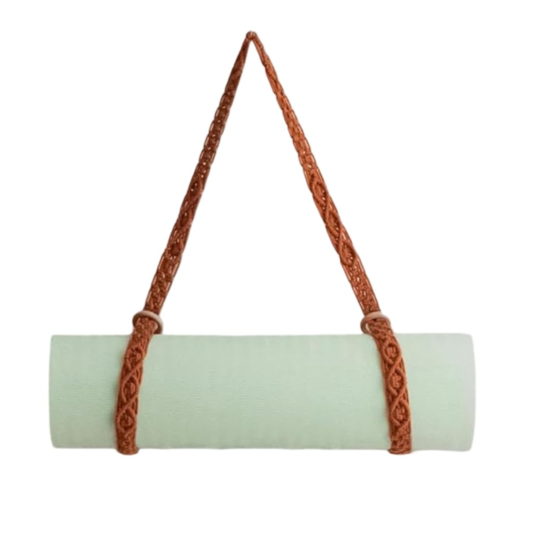 Boho Macrame Yoga Mat Strap - Adjustable Cotton Yoga Mat Carrier Sling with Wooden Rings - Handmade Hand-Woven Exercise Mat Holder for Pilates, Burnt Orange FULL SIZE 66 IN
