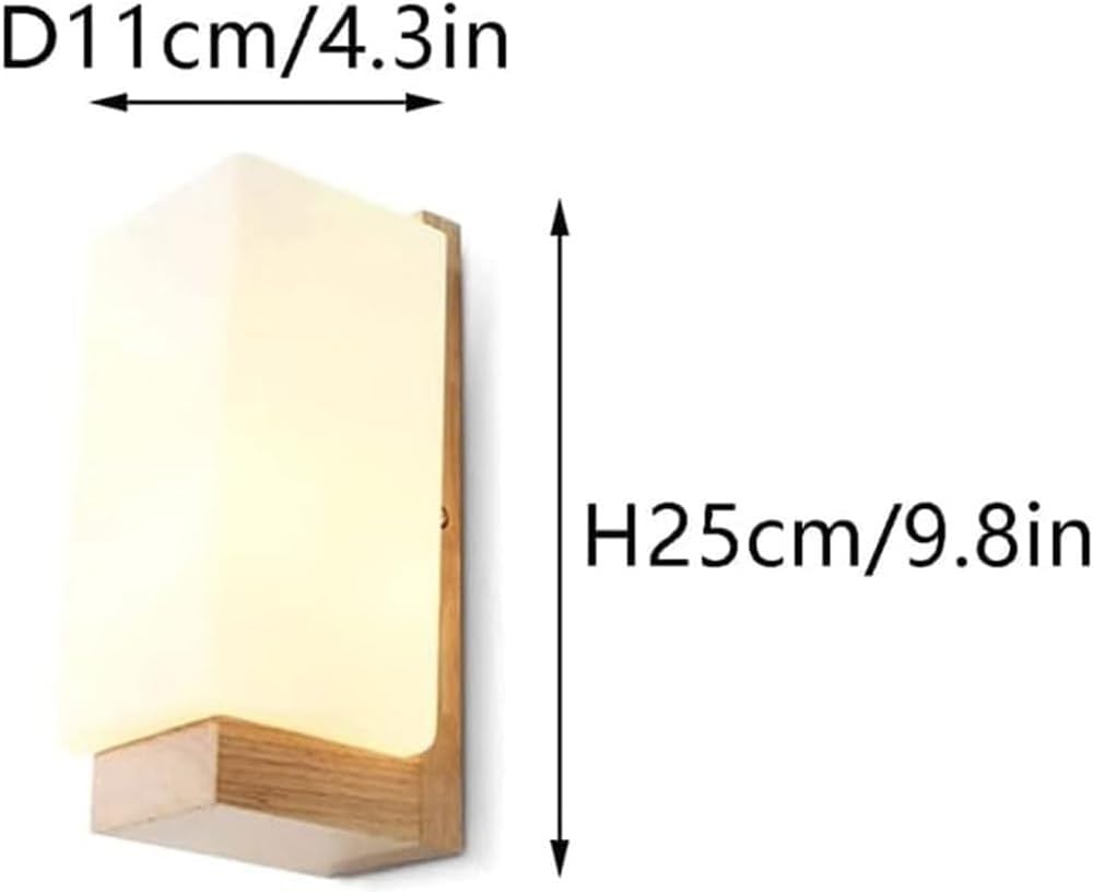Lampada da parete in legno in stile giapponese, paralume in vetro bianco latte, base E26/E27, lampada da parete per camera da letto, studio, portico, corridoio