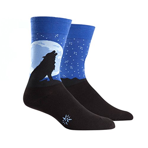 Sock It To Me, Howl at the Moon, Men's Funky Crew Socks, Moon Wolf Socks,Blue,7-13