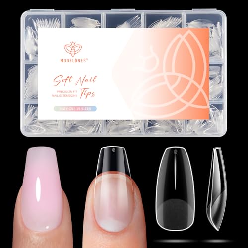 modelones Short Coffin Nail Tips 360pcs Pre-etched 15 Sizes Clear Fake X Nail Gel Press On Full Cover Half Matte Acrylic Gel Tips for Extension Salon
