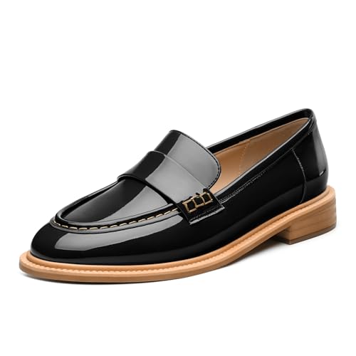 Image of JUSTDANNI Loafers for Women Slip On Shoes with Round Toe 1.2-Inch Low Chunky Block Heel Patent Comfortable Casual Dress Pump Shoes for Wedding Party Work Shopping Dating