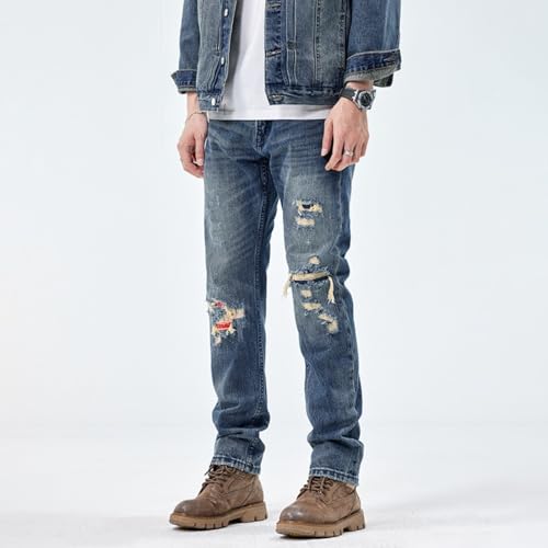 Jeans Pants Trousers Denim Spring and Autumn Vintage Men's Classic Punched Wear Tear Casual3