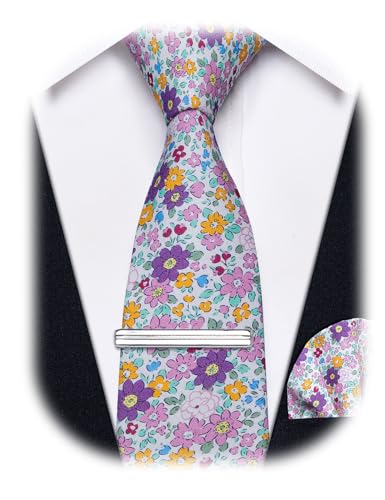 Image of YourTies Cotton Floral Tie for Men 2.5 inch Printed Skinny Necktie Pocket Square Tie Clip Set Flower Wedding Party Groom