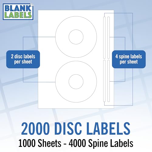 Image of CD /DVD Label Full Face | Qty 2000 Disc, 2000 Spine | 1000 Sheets Total | Permanent White Matte | Inkjet & Laser Compatible | Memorex Large Core | Easy to Peel | Made in USA | Blank Label