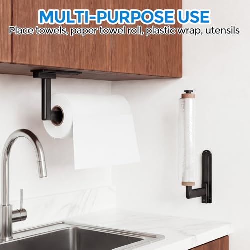 Image of zaa Paper Towel Holder Under Cabinet - Self Adhesive or Drilling Paper Towel Holder Wall Mount, One Hand Tear Black Towel Holder for Kitchen Organization, Bathroom, Sink, Pantry, Fridge, RV