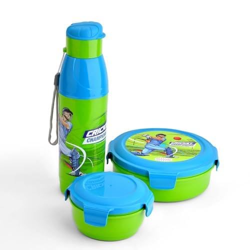 Image of Asian Plastowares Little Champions 3-in-1 Insulated Lunch Box Set for Kids | 700ml Steel Tiffin, 500ml Water Bottle | Leakproof, BPA Free | Green & Blue| Must-Have Back to School Set