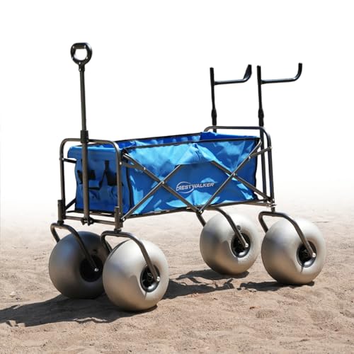 Beach Cart with 13" Balloon Wheels, Collapsible Wagon with Big Wheels for Sand, Adjustable Chair Racks Holds Up to 4 Folding Chairs, Pump Included