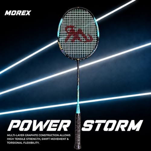 Image of Morex Carbon Graphite Badminton Racket with Full Cover Bag | Durable Carbon Shaft & Curve Frame for Better Sweet Spot & Smash Power | Ideal for Beginners & Advanced Players (Blue & Black)