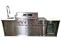 MCP Island Grills 3 Piece Stainless Steel Outdoor Island BBQ Kitchen Grill with 6 Burners, Side Burner, Refrigerator, Sink, White Marble Top,