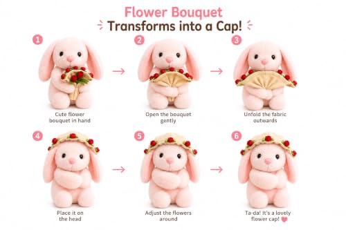 Image of SCOOBA Adorable 2 in 1 Bouquet into Cap Bunny Soft Toy 15cm (Transformation Bouquet Bunny Pink)