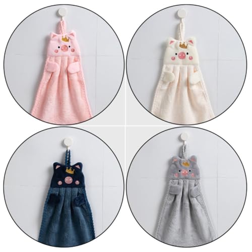 Toallas de mano de coral fleece súper absorbentes con bordado de cerdito y lazo para colgar, 4 ud 4
