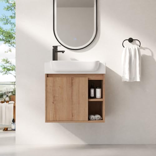 Image of 24 inch Wall Mounted Bathroom Vanity with Ceramic Sink, Modern Floating Bathroom Cabinet with Soft-Close Door & 2 Open Storage Shelves, Farmhouse Small Bath Vanity Set, Easy to Clean, Natural Oak