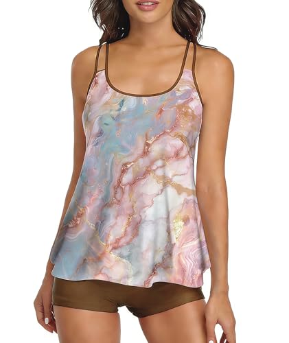 Image of Urchics 2026 Women Two Piece Tankini Swimsuit Tummy Control Plus Size Long Torso Top and High Waisted Boyshorts Bathing Suits