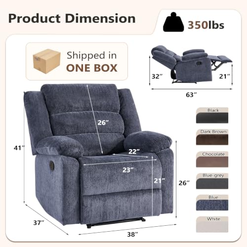 Image of ANJ Overstuffed Manual Recliner Set of 2, Soft Chenille Fabric - Blue