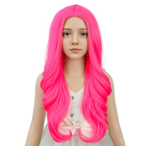Image of Neon Pink Wig Long Hot Pink Middle Part Wig Long Wavy Curly Wigs Heat Resistant Synthetic Wigs for Daily Party Use