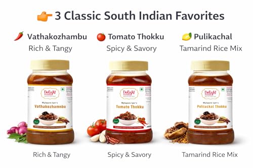 Image of Delight Foods Mylapore Iyer's Karnataka Special Combo 2.4kg (800g x 3) | Vathakozhambu, Tomato Thokku & Pulikachal Paste | Authentic Tamil Brahmin Style Pickle & Ready Rice Mix