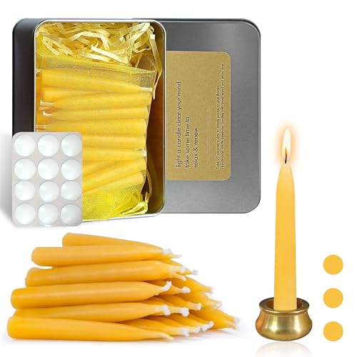 Gedengni Mini Taper Candle Meditation Candles,20 Minute Prayer Candlestick Dripless Beeswax Candles with Brass Candle Holder for Yoga & Spiritual Rituals (Set of 30)