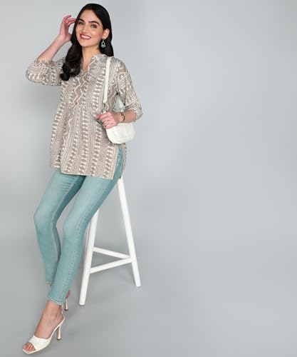 Image of Stylistico Geometric Print Summer Cotton Tunic Western Everyday Regular Fit Full Sleeve v Neck Office Peplum Printed Long Tops for Women Latest