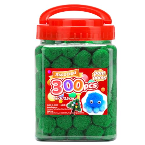 Image of Iooleem Green Pom Poms, 300pcs 1inch, Pom Poms for Arts and Crafts, Pom Pom Balls, Craft Pom Poms.