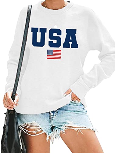 Image of LAZYCHILD USA Sweatshirt Women American Flag Shirt Patriotic TShirt Stars Stripes Pullover 4th of July Tee Tops