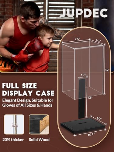 Image of JupDec Boxing Glove Display Case, Clear Acrylic Showcase with Wood Base & Plank for Single Glove, Full Size UV Protection Souvenirs and Collectibles Box, Ideal Gift for Boxing Fans, Black