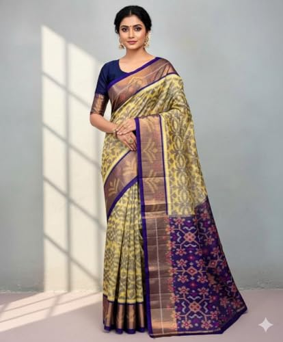Image of AYYAPPASILK Women's Exclusive Ikkat Silk Saree for Designer Border with Contrast Blouse
