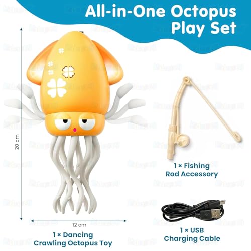 Image of Kidology Dancing Octopus Tummy Time Toy for Babies - Squid Toys | Musical Crawling Baby Toy with LED Lights | Supports First Crawl to Toddler Play | Sensory Interactive Gift for Boys & Girls - Yellow