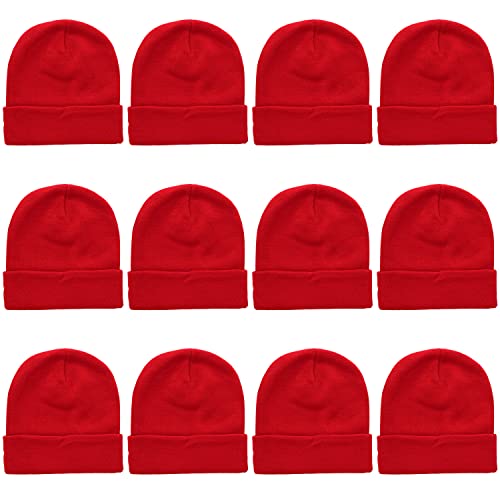 Bonnets d'hiver unisexes tricotés lot de 12 pièces taille unique Falari couleur rouge