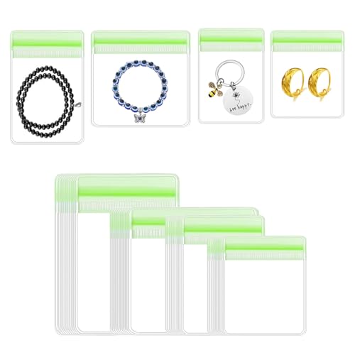 40PCS Anti Tarnish Silver Jewelry Storage Bags Pouches, 4 Sizes Clear Plastic Jewelry Bags with Zipper for Earing, Link Chain, Necklace (Green Mixed)