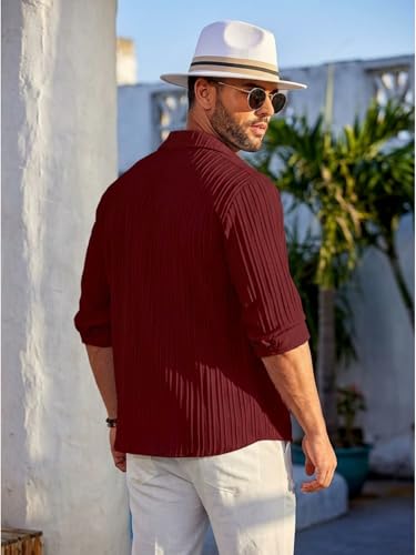 Image of DEELMO Combo of Men's Casual Button Down Shirts Long Sleeve Linen Shirt Fashion Textured Summer Shirts Pack of 2